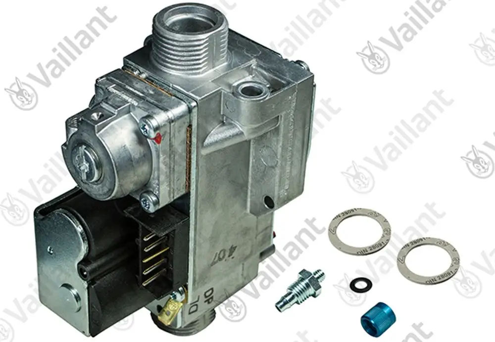 Gasarmatur von Vaillant mit mehreren Anschlussmöglichkeiten und beigefügten Dichtungen. Sichtbare Teile aus Metall, darunter ein Motor und eine Steuerplatine.